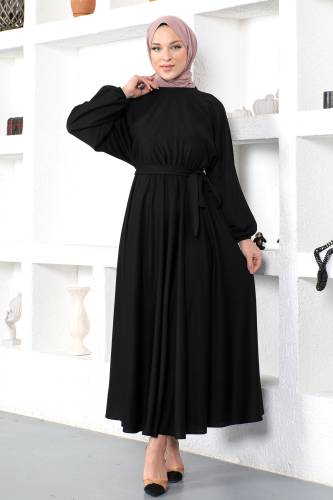 Beli Lastikli Tesettür Elbise TSD230201 Siyah - 3