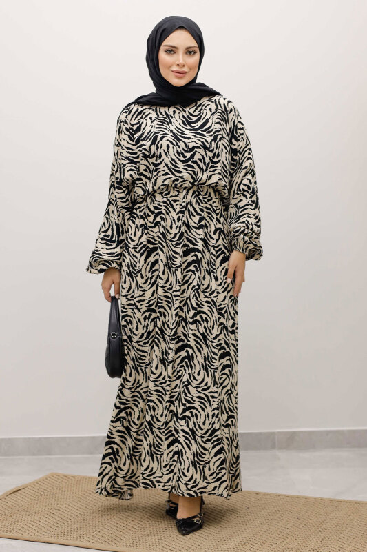 Beli Lastikli Yarasa Kol Viskon Elbise TSD250235 Bej - Tesettür Dünyası