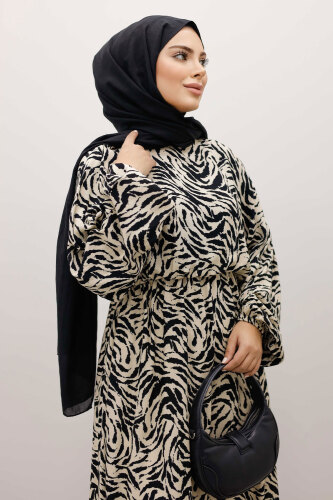 Beli Lastikli Yarasa Kol Viskon Elbise TSD250235 Bej - 2