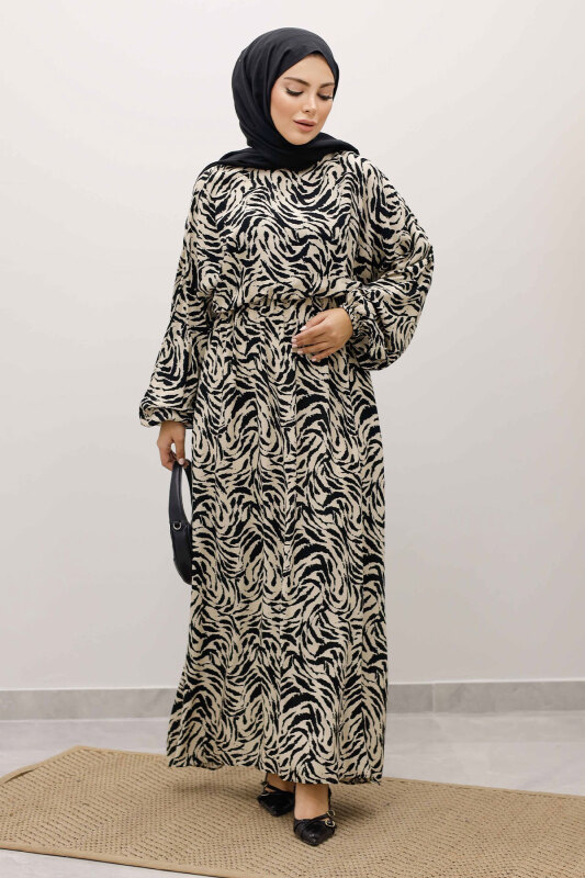 Beli Lastikli Yarasa Kol Viskon Elbise TSD250235 Bej - 3