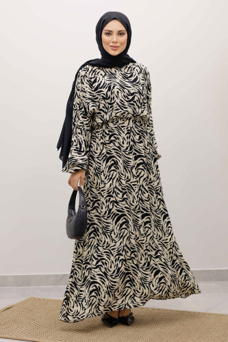 Beli Lastikli Yarasa Kol Viskon Elbise TSD250235 Bej - 5