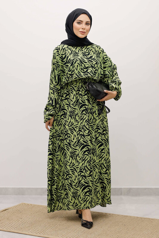 Beli Lastikli Yarasa Kol Viskon Elbise TSD250235 Fıstık Yeşili - Tesettür Dünyası