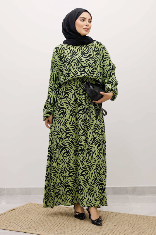 Beli Lastikli Yarasa Kol Viskon Elbise TSD250235 Fıstık Yeşili - 5