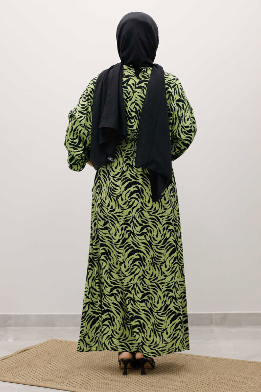 Beli Lastikli Yarasa Kol Viskon Elbise TSD250235 Fıstık Yeşili - 6