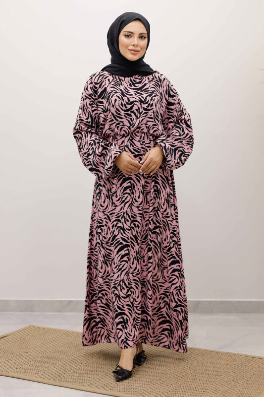 Beli Lastikli Yarasa Kol Viskon Elbise TSD250235 Pembe - Tesettür Dünyası