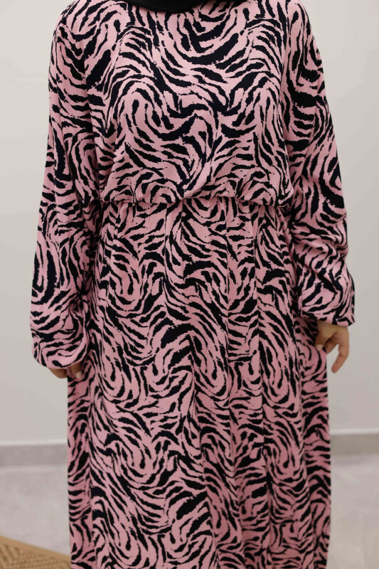 Beli Lastikli Yarasa Kol Viskon Elbise TSD250235 Pembe - 4