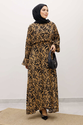 Beli Lastikli Yarasa Kol Viskon Elbise TSD250235 Taba - 1