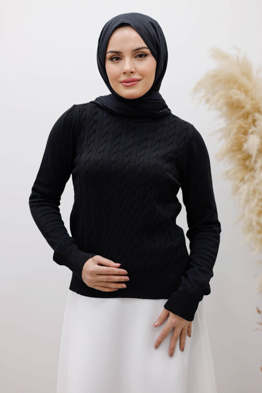 Bisiklet Yaka Bluz TSD250261 Siyah - Tesettür Dünyası