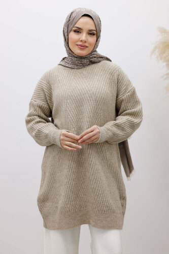 Bisiklet Yaka Triko Kazak TSD260112 Vizon - Tesettür Dünyası (1)