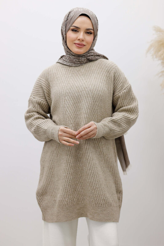 Bisiklet Yaka Triko Kazak TSD260112 Vizon - Tesettür Dünyası (1)