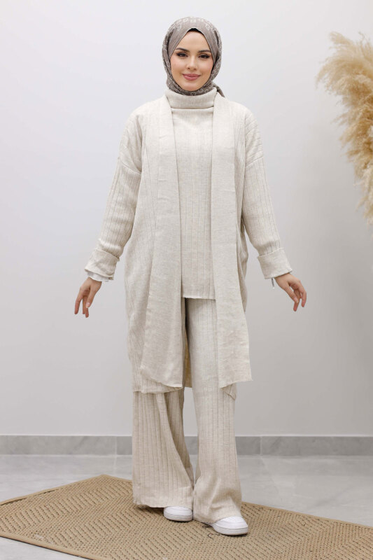 Boğazlı Üçlü Triko Takım TSD260111 Bej - Tesettür Dünyası