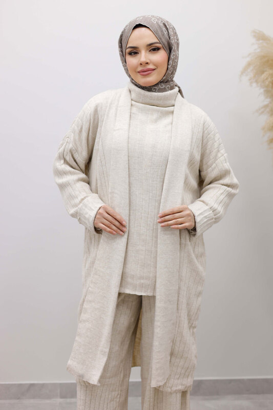 Boğazlı Üçlü Triko Takım TSD260111 Bej - Tesettür Dünyası (1)