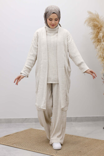 Boğazlı Üçlü Triko Takım TSD260111 Bej - 3