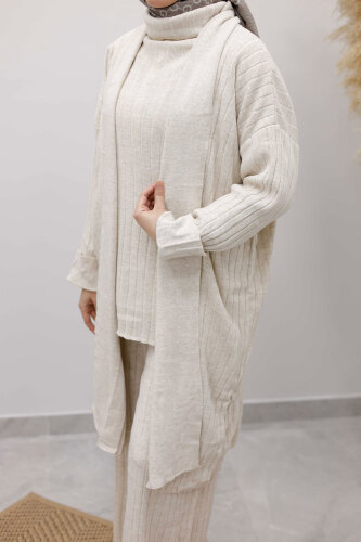 Boğazlı Üçlü Triko Takım TSD260111 Bej - 4