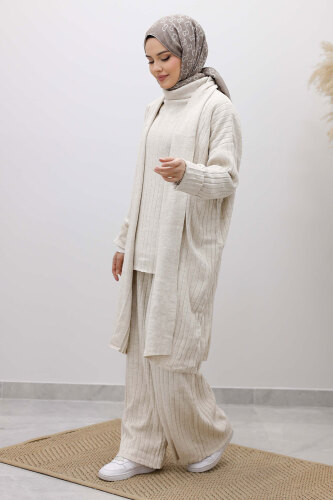 Boğazlı Üçlü Triko Takım TSD260111 Bej - 5