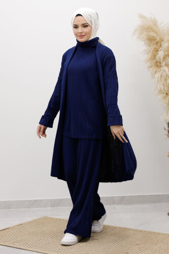 Boğazlı Üçlü Triko Takım TSD260111 Lacivert - Tesettür Dünyası