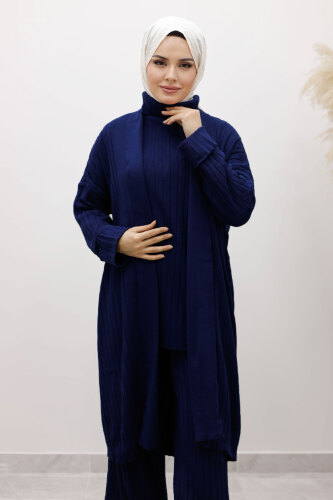 Boğazlı Üçlü Triko Takım TSD260111 Lacivert - Tesettür Dünyası (1)