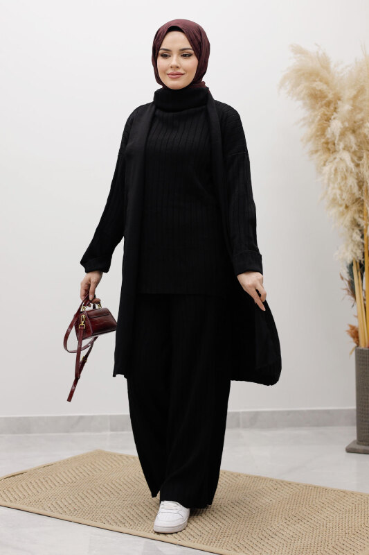 Boğazlı Üçlü Triko Takım TSD260111 Siyah - Tesettür Dünyası