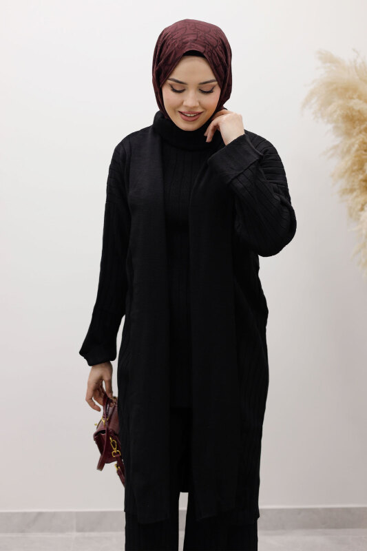 Boğazlı Üçlü Triko Takım TSD260111 Siyah - Tesettür Dünyası (1)