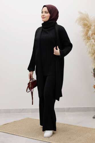 Boğazlı Üçlü Triko Takım TSD260111 Siyah - 3