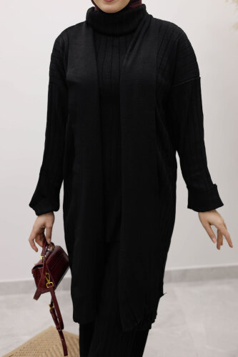 Boğazlı Üçlü Triko Takım TSD260111 Siyah - 4