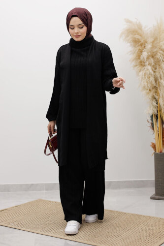 Boğazlı Üçlü Triko Takım TSD260111 Siyah - 5