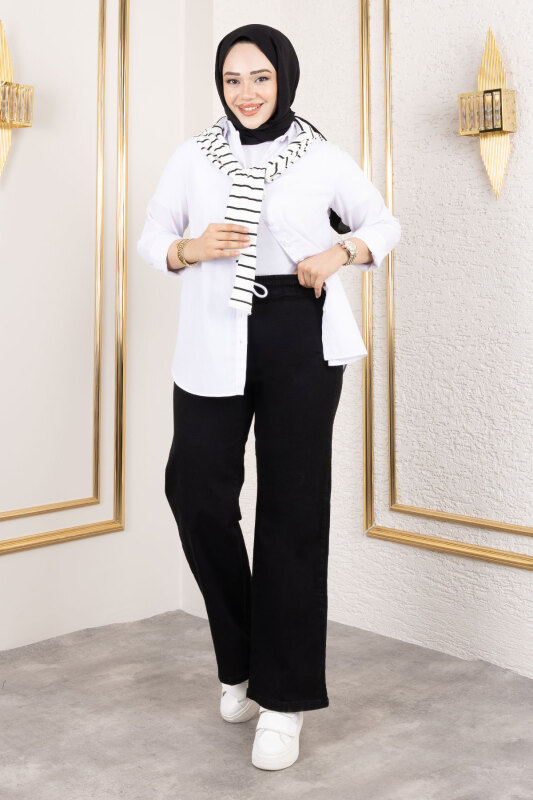 Bol Paça Beli Lastikli Kot Pantolon TSD250106 Siyah - 1