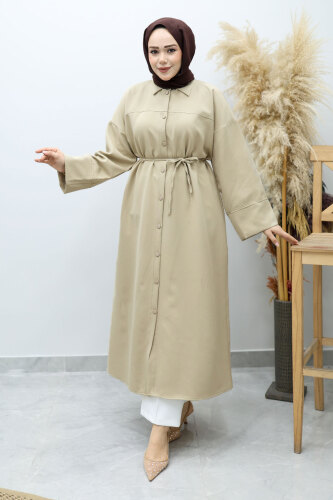 Boydan Düğmeli Beli Bağlamalı Tunik TSD260152 Bej - 1