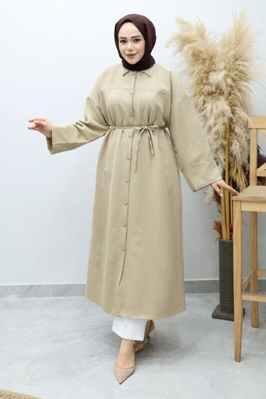 Boydan Düğmeli Beli Bağlamalı Tunik TSD260152 Bej - Tesettür Dünyası