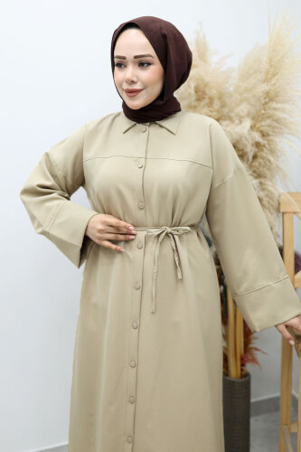 Boydan Düğmeli Beli Bağlamalı Tunik TSD260152 Bej - 2