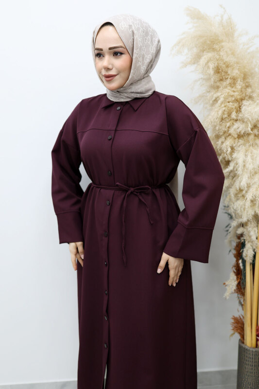 Boydan Düğmeli Beli Bağlamalı Tunik TSD260152 Bordo - Tesettür Dünyası (1)