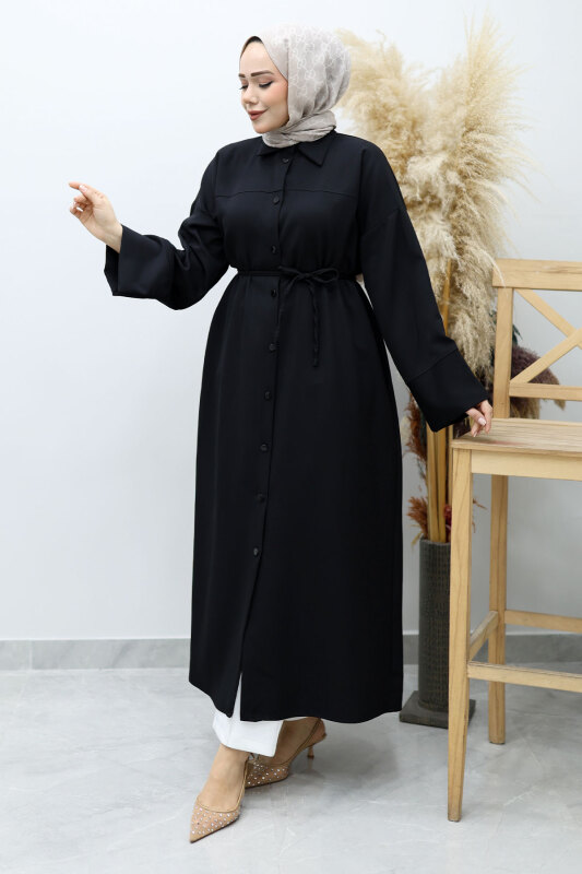 Boydan Düğmeli Beli Bağlamalı Tunik TSD260152 Siyah - Tesettür Dünyası