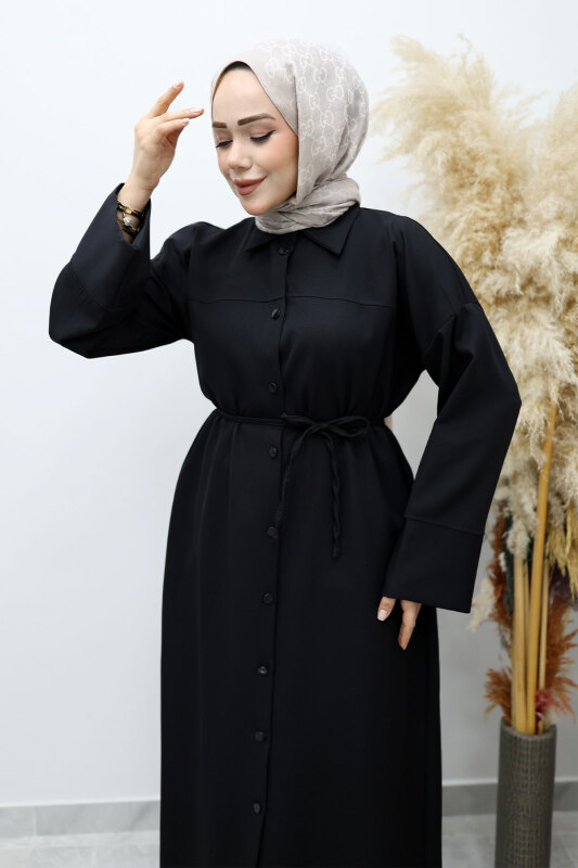 Boydan Düğmeli Beli Bağlamalı Tunik TSD260152 Siyah - Tesettür Dünyası (1)