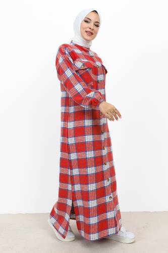 Boydan Düğmeli Ekose Desenli Elbise TSD231106 Kırmızı - 4
