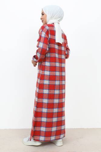 Boydan Düğmeli Ekose Desenli Elbise TSD231106 Kırmızı - 5