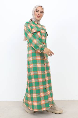 Boydan Düğmeli Ekose Desenli Elbise TSD231106 Yeşil - 4
