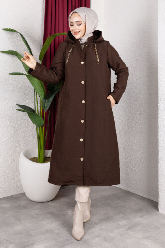 Boydan Düğmeli Kapitone Kap TSD250217 Acı Kahve - Tesettür Dünyası