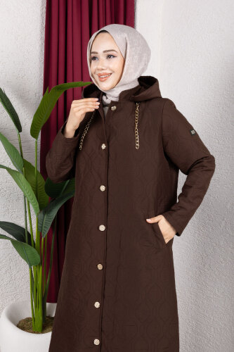 Boydan Düğmeli Kapitone Kap TSD250217 Acı Kahve - Tesettür Dünyası (1)