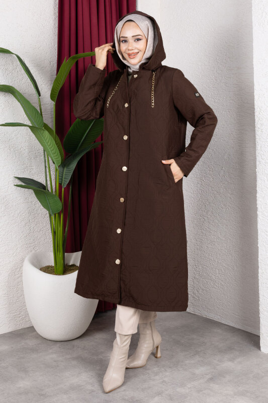 Boydan Düğmeli Kapitone Kap TSD250217 Acı Kahve - 3