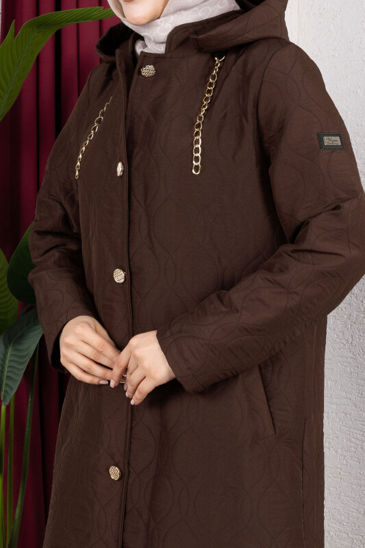 Boydan Düğmeli Kapitone Kap TSD250217 Acı Kahve - 4