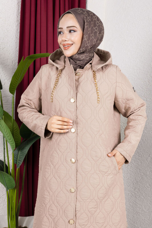 Boydan Düğmeli Kapitone Kap TSD250217 Vizon - 2