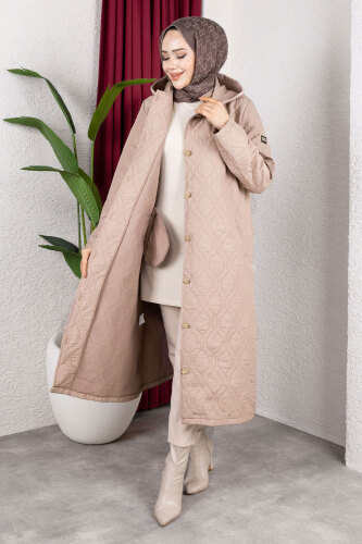 Boydan Düğmeli Kapitone Kap TSD250217 Vizon - 3