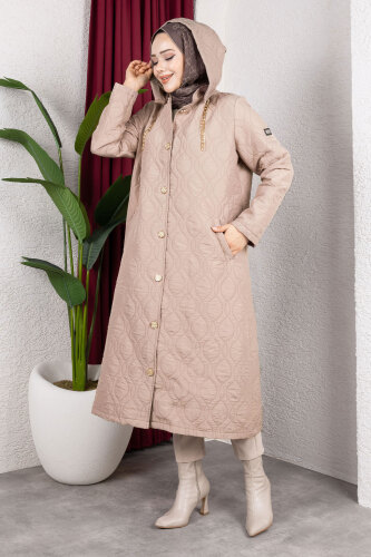 Boydan Düğmeli Kapitone Kap TSD250217 Vizon - 5