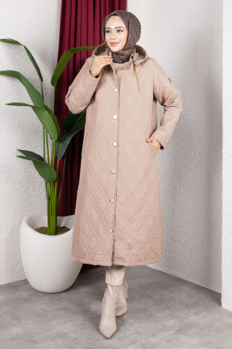 Boydan Düğmeli Kapitone Kap TSD250217 Vizon - Tesettür Dünyası