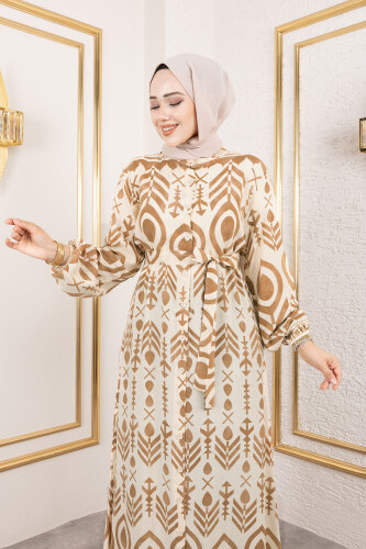 Boydan Düğmeli Viskon Elbise TSD250214 Camel - 2