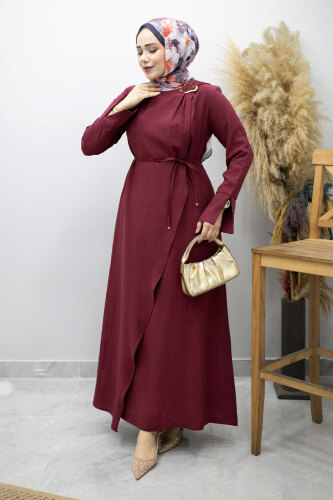 Broş Detaylı Kuşaklı Elbise TSD260198 Fuşya 