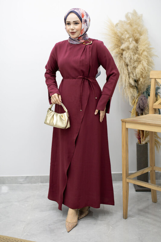 Broş Detaylı Kuşaklı Elbise TSD260198 Fuşya - 3