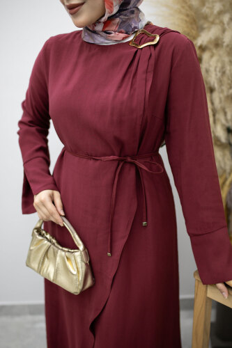 Broş Detaylı Kuşaklı Elbise TSD260198 Fuşya - 4