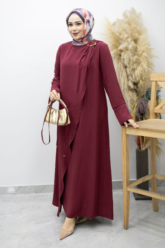 Broş Detaylı Kuşaklı Elbise TSD260198 Fuşya - 5