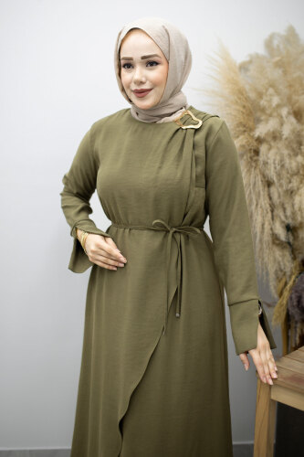 Broş Detaylı Kuşaklı Elbise TSD260198 Haki - 2